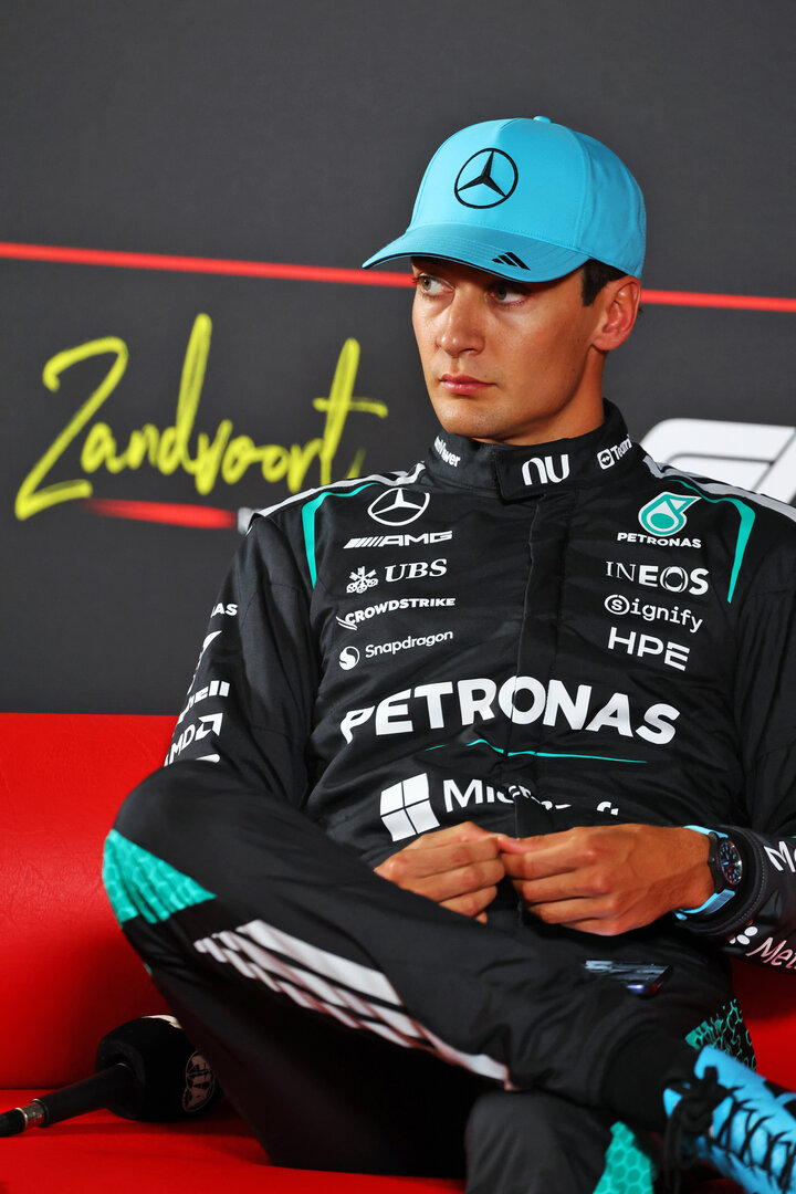 GP OLANDA, George Russell (GBR) Mercedes AMG Formula One Team in the post qualifying FIA Press Conference.
22.08.2026. Formula 1 World Championship, Rd 12, Dutch Grand Prix, Zandvoort, Netherlands, Sprint e Qualifiche Day.
- www.xpbimages.com, EMail: requests@xpbimages.com © Copyright: Bearne / XPB Images