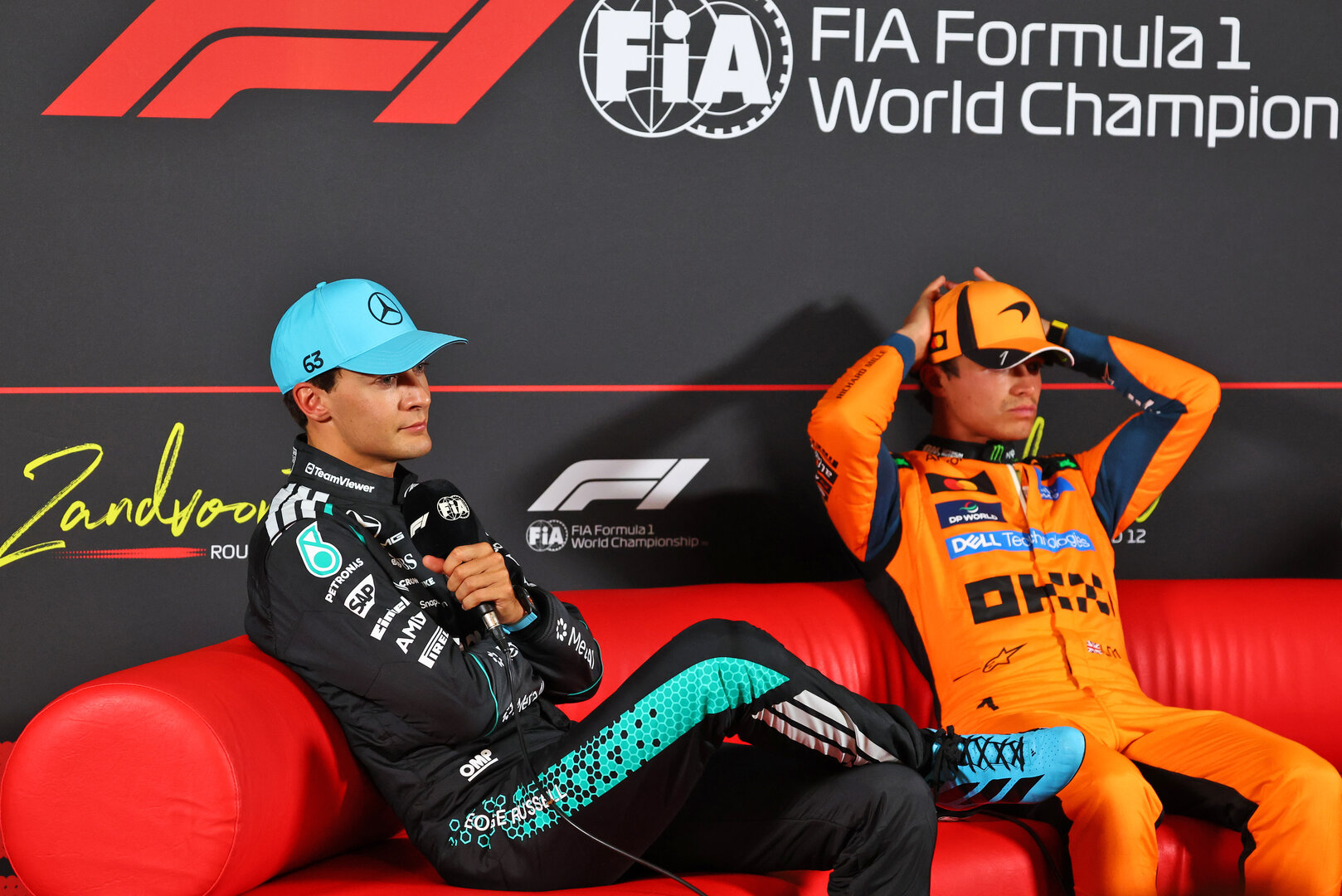 GP OLANDA, (L to R): George Russell (GBR) Mercedes AMG Formula One Team; e Lando Norris (GBR) McLaren F1 Team, in the post qualifying FIA Press Conference.
22.08.2026. Formula 1 World Championship, Rd 12, Dutch Grand Prix, Zandvoort, Netherlands, Sprint e Qualifiche Day.
- www.xpbimages.com, EMail: requests@xpbimages.com © Copyright: Bearne / XPB Images