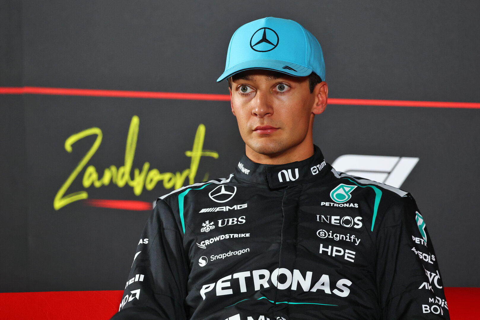GP OLANDA, George Russell (GBR) Mercedes AMG Formula One Team in the post qualifying FIA Press Conference.
22.08.2026. Formula 1 World Championship, Rd 12, Dutch Grand Prix, Zandvoort, Netherlands, Sprint e Qualifiche Day.
- www.xpbimages.com, EMail: requests@xpbimages.com © Copyright: Bearne / XPB Images