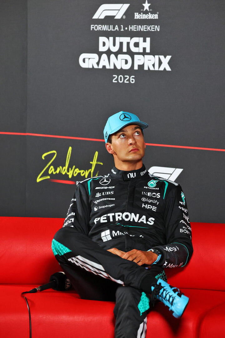 GP OLANDA, George Russell (GBR) Mercedes AMG Formula One Team in the post qualifying FIA Press Conference.
22.08.2026. Formula 1 World Championship, Rd 12, Dutch Grand Prix, Zandvoort, Netherlands, Sprint e Qualifiche Day.
- www.xpbimages.com, EMail: requests@xpbimages.com © Copyright: Bearne / XPB Images