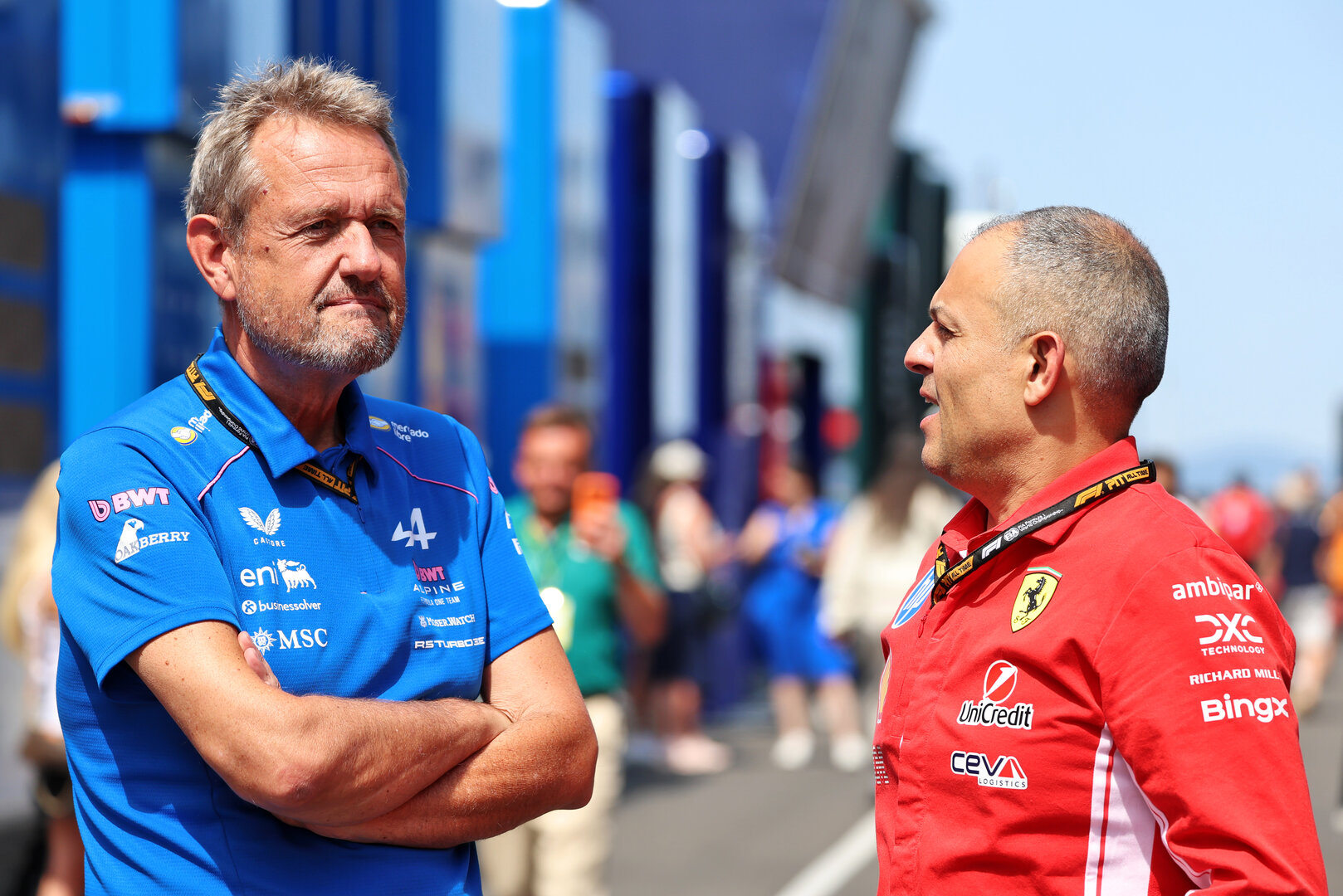 GP UNGHERIA, (L to R): Steve Nielsen (GBR) Alpine F1 Team Managing Director with Diego Ioverno (ITA) Ferrari Sporting Director.
26.07.2026. Formula 1 World Championship, Rd 11, Hungarian Grand Prix, Budapest, Hungary, Gara Day.
 - www.xpbimages.com, EMail: requests@xpbimages.com © Copyright: Rew / XPB Images