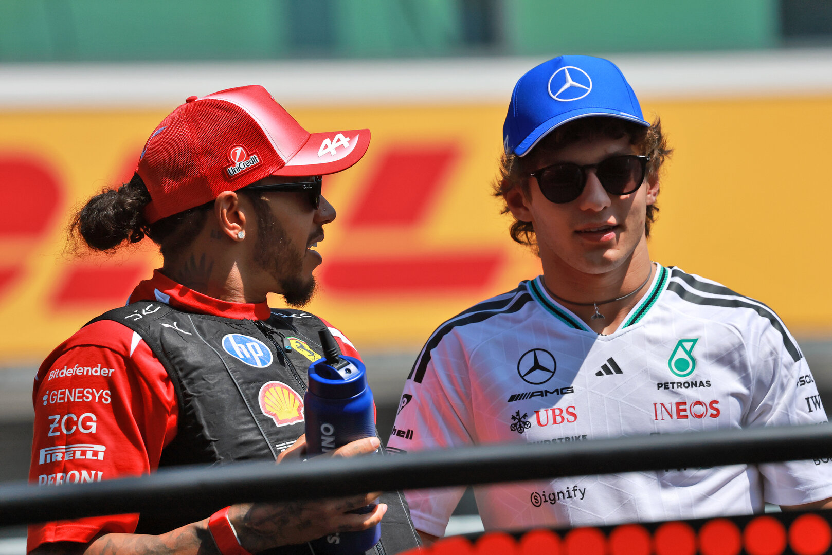 GP UNGHERIA, (L to R): Lewis Hamilton (GBR) Ferrari with Andrea Kimi Antonelli (ITA) Mercedes AMG Formula One Team on the drivers' parade.
26.07.2026. Formula 1 World Championship, Rd 11, Hungarian Grand Prix, Budapest, Hungary, Gara Day.
- www.xpbimages.com, EMail: requests@xpbimages.com © Copyright: Charniaux / XPB Images