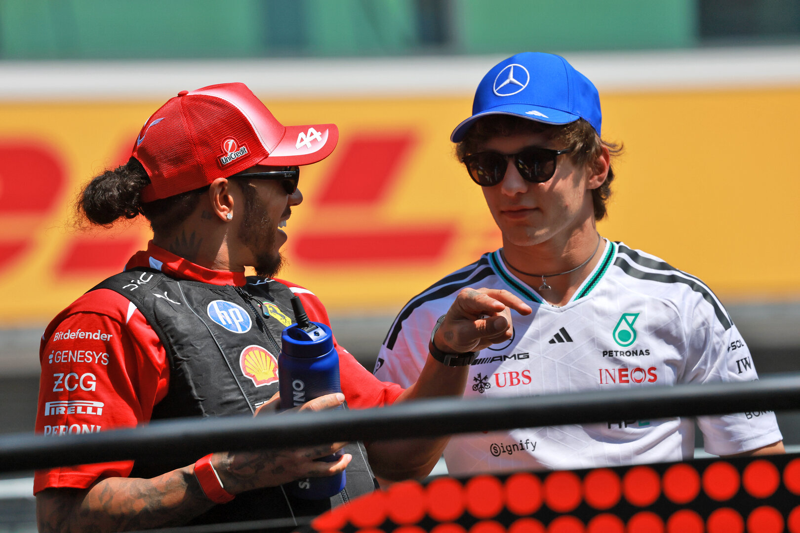 GP UNGHERIA, (L to R): Lewis Hamilton (GBR) Ferrari with Andrea Kimi Antonelli (ITA) Mercedes AMG Formula One Team on the drivers' parade.
26.07.2026. Formula 1 World Championship, Rd 11, Hungarian Grand Prix, Budapest, Hungary, Gara Day.
- www.xpbimages.com, EMail: requests@xpbimages.com © Copyright: Charniaux / XPB Images