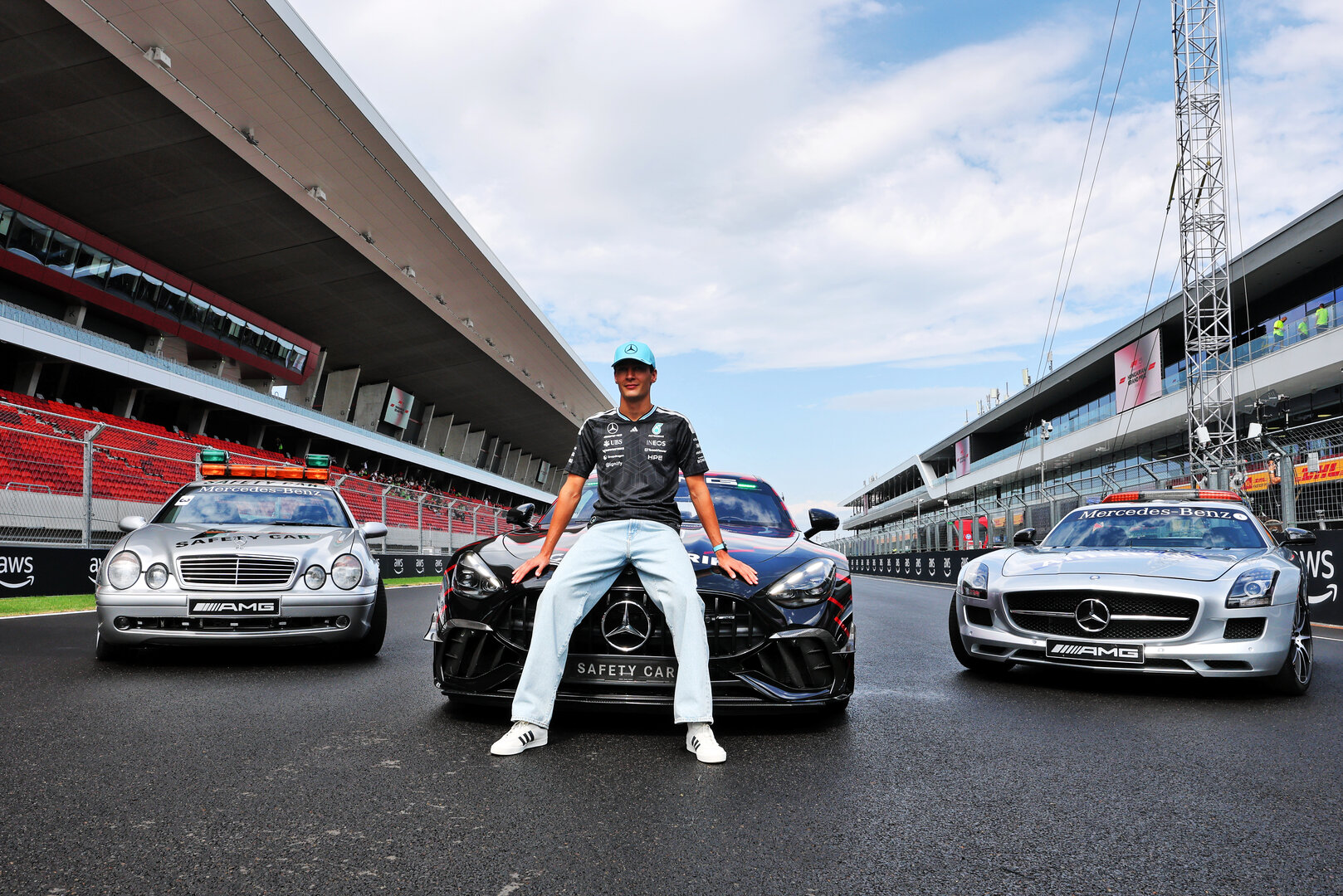 GP UNGHERIA, George Russell (GBR) Mercedes AMG Formula One Team celebrates 30 years of the Mercedes FIA Safety Car. 
23.07.2026. Formula 1 World Championship, Rd 11, Hungarian Grand Prix, Budapest, Hungary, Preparation Day.
- www.xpbimages.com, EMail: requests@xpbimages.com © Copyright: Moy / XPB Images