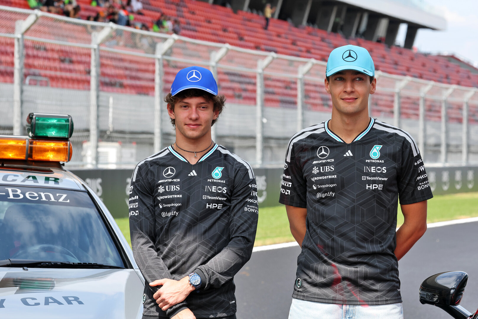 GP UNGHERIA, (L to R): Andrea Kimi Antonelli (ITA) Mercedes AMG Formula One Team e George Russell (GBR) Mercedes AMG Formula One Team celebrate 30 years of the Mercedes FIA Safety Car. 
23.07.2026. Formula 1 World Championship, Rd 11, Hungarian Grand Prix, Budapest, Hungary, Preparation Day.
- www.xpbimages.com, EMail: requests@xpbimages.com © Copyright: Moy / XPB Images