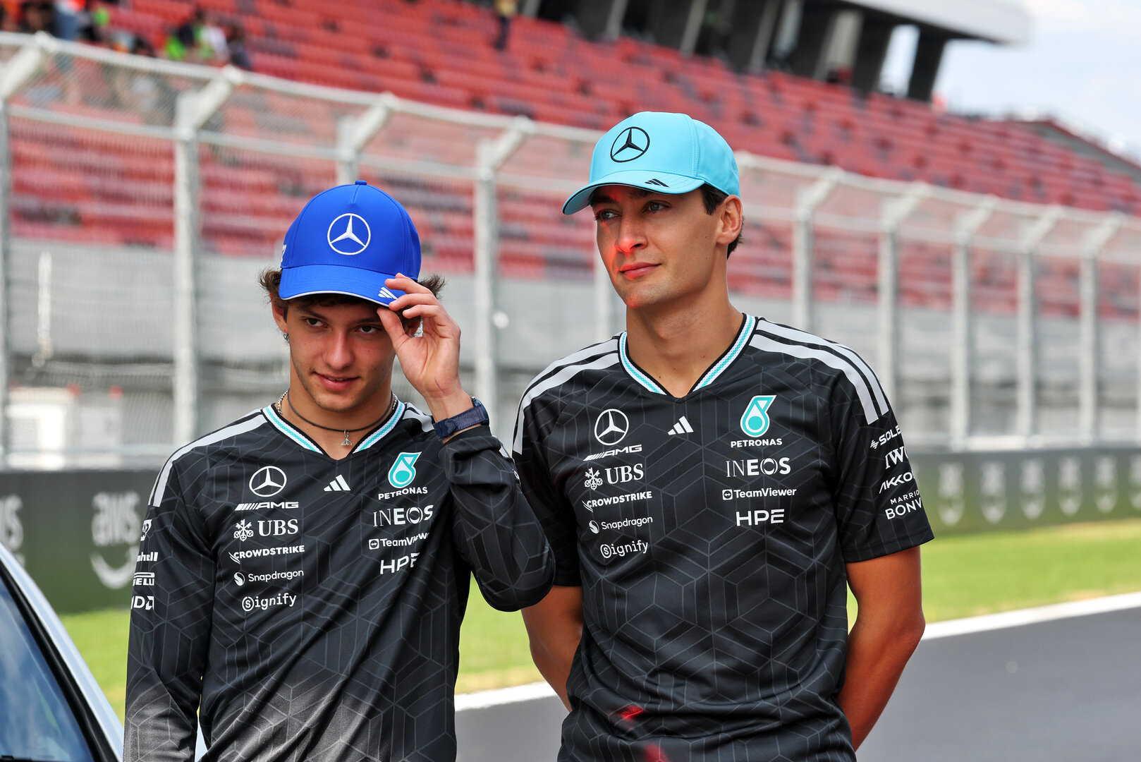GP UNGHERIA, (L to R): Andrea Kimi Antonelli (ITA) Mercedes AMG Formula One Team e George Russell (GBR) Mercedes AMG Formula One Team celebrate 30 years of the Mercedes FIA Safety Car. 
23.07.2026. Formula 1 World Championship, Rd 11, Hungarian Grand Prix, Budapest, Hungary, Preparation Day.
- www.xpbimages.com, EMail: requests@xpbimages.com © Copyright: Moy / XPB Images