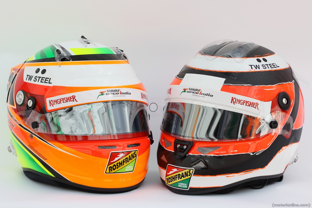 (L to R): The helmets of Sergio Perez (MEX) Sahara Force India F1 and team mate Nico Hulkenberg (GER) Sahara Force India F1. 
29.01.2014. Formula One Testing, Day Two, Jerez, Spain.