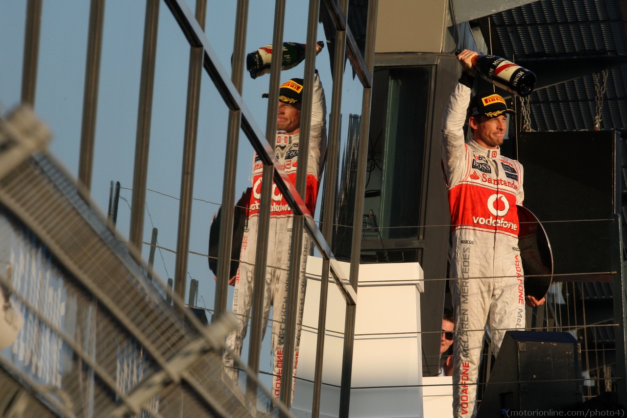 Podium – 1st Jenson Button (GBR) McLaren Mercedes, 2nd Sebastian Vettel (GER) Red Bull Racing & 3rd Lewis Hamilton (GBR) McLaren Mercedes