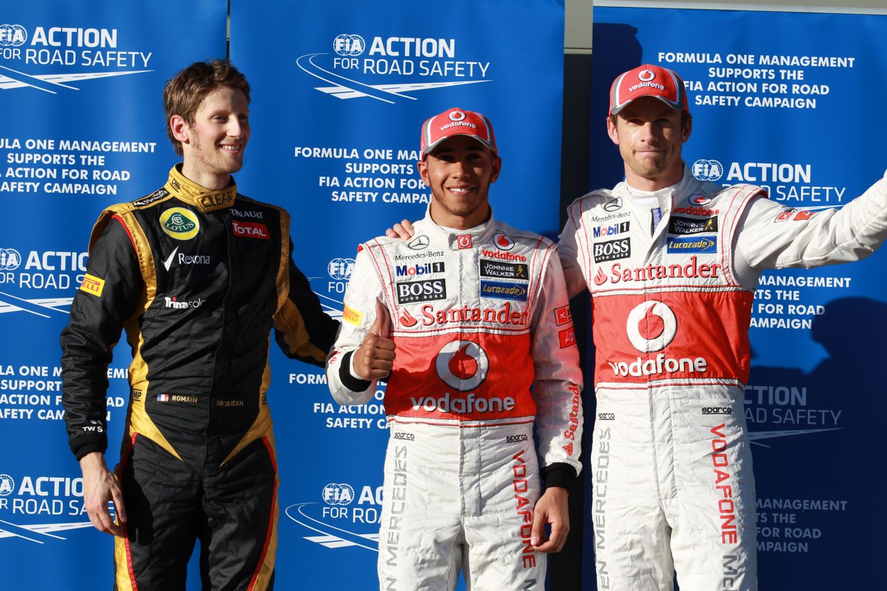 Qualifying Results: 1st place Lewis Hamilton (GBR), McLaren Mercedes, 2nd place Jenson Button (GBR), McLaren Mercedes, 3rd Romain Grosjean (FRA), Lotus Renault F1 Team