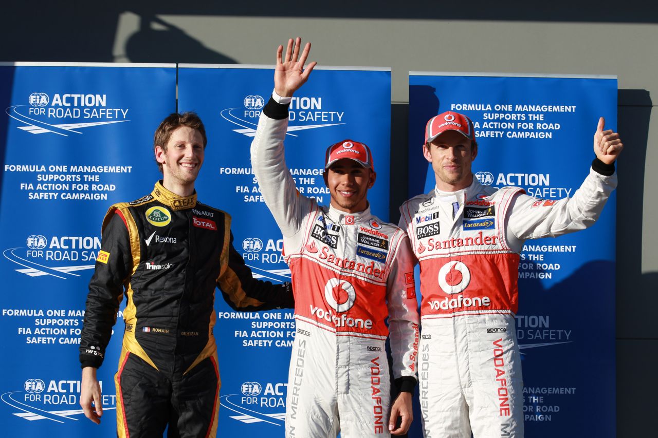 Qualifying Results: 1st place Lewis Hamilton (GBR), McLaren Mercedes, 2nd place Jenson Button (GBR), McLaren Mercedes, 3rd Romain Grosjean (FRA), Lotus Renault F1 Team