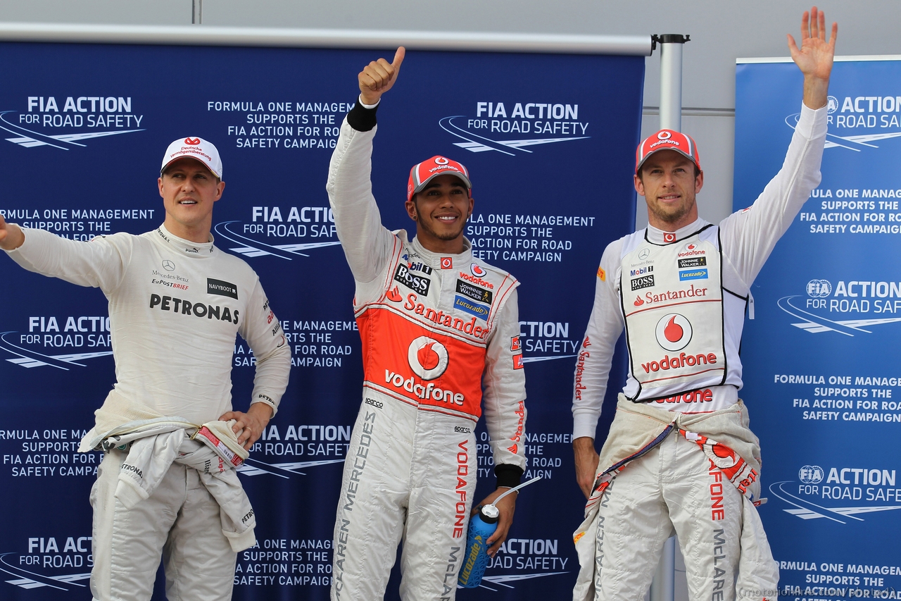 24.03.2012- Qualifying, Michael Schumacher (GER) Mercedes AMG F1 W03 3rd position, Lewis Hamilton (GBR) McLaren Mercedes MP4-27 pole position and Jenson Button (GBR) McLaren Mercedes MP4-27 2nd position 