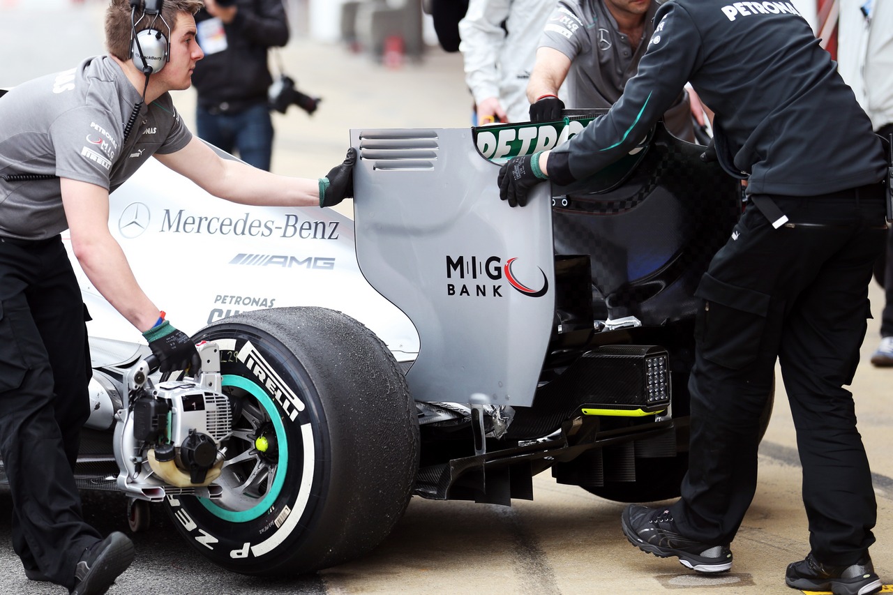 Mercedes AMG F1 W04 rear wing detail.
