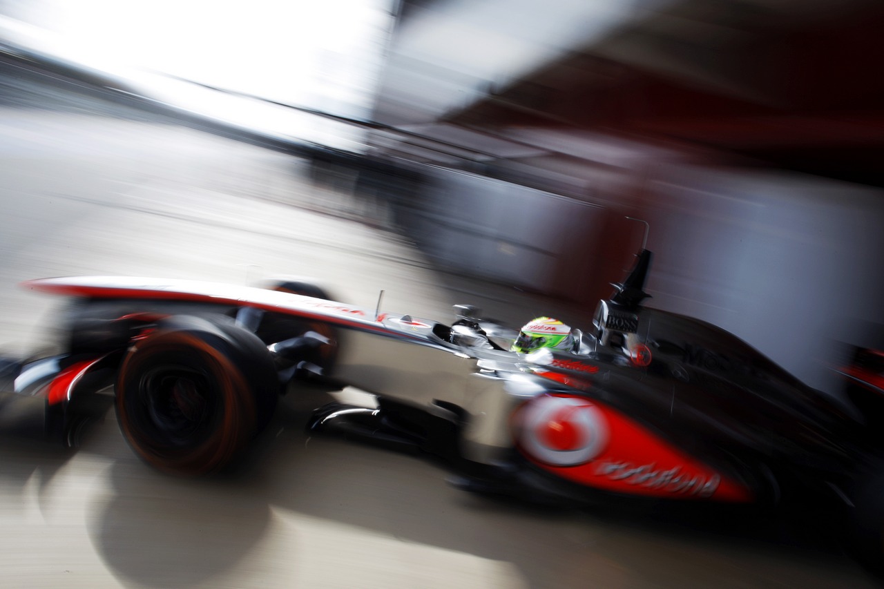 Sergio Perez (MEX) McLaren MP4-28 leaves the pits.
