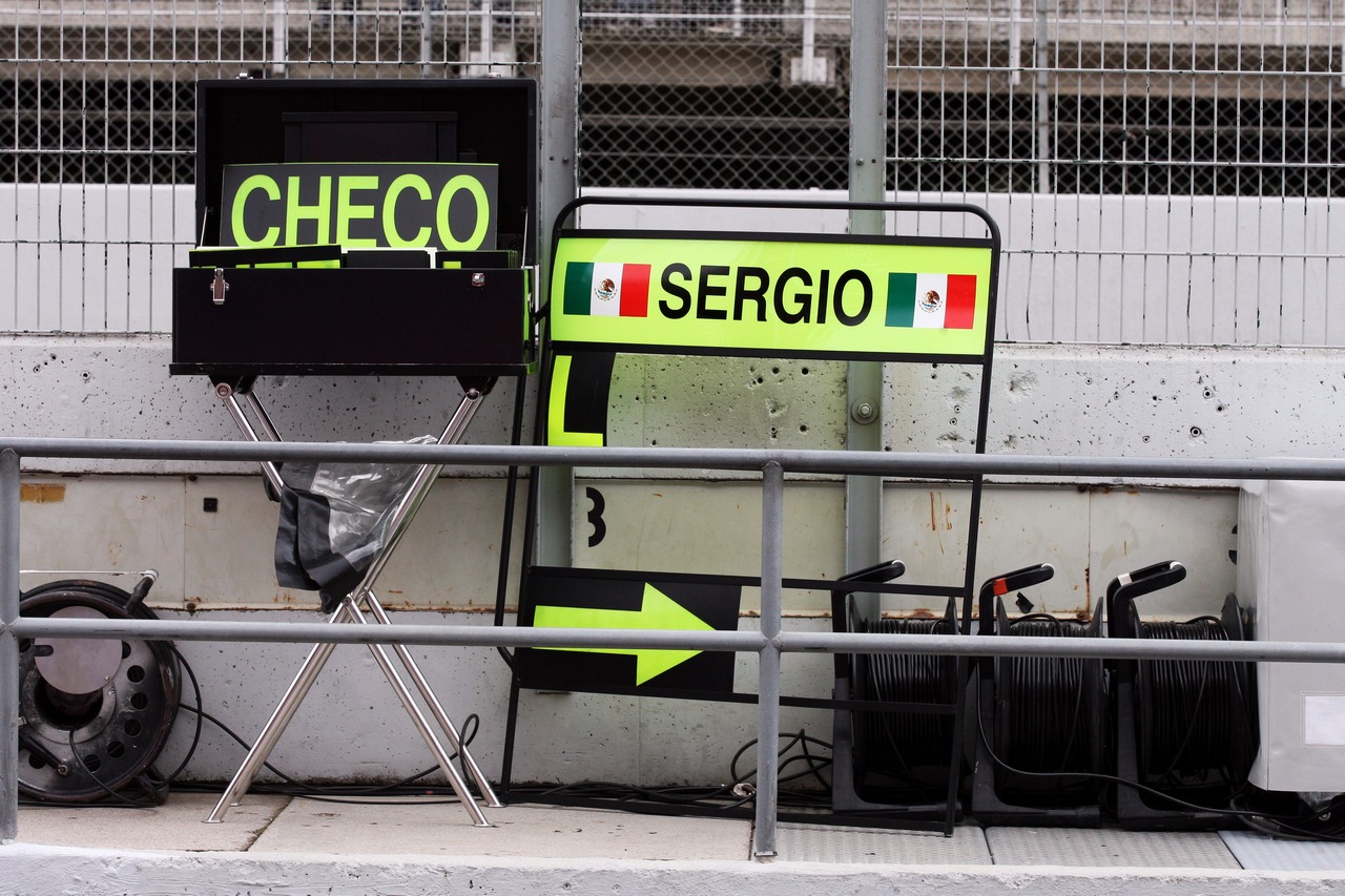 Pit board signs for Sergio Perez (MEX) McLaren.
