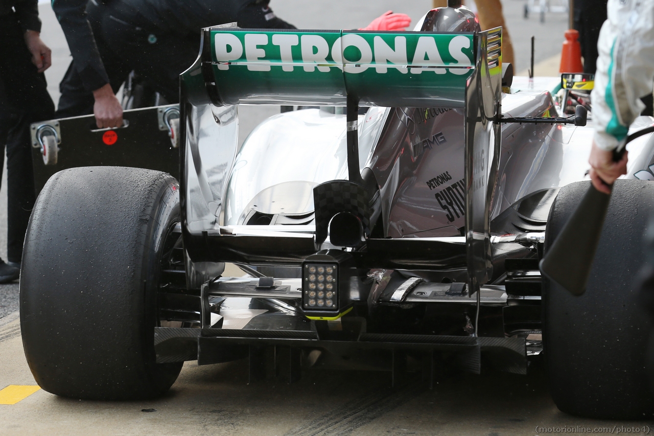 Mercedes AMG F1 W04 running sensor equipment on the rear wing.
