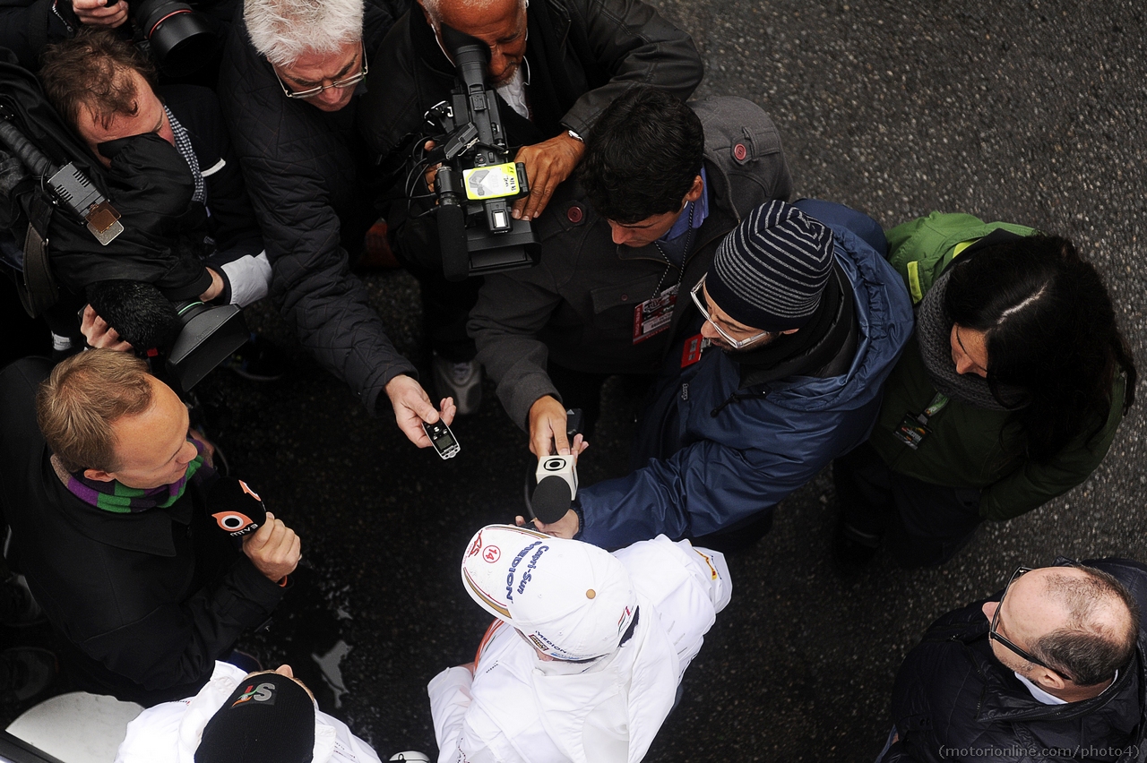 Adrian Sutil (GER) Sahara Force India F1 with the media following the confirmation of  his seat with the team in 2013.
28.02.2013. 
