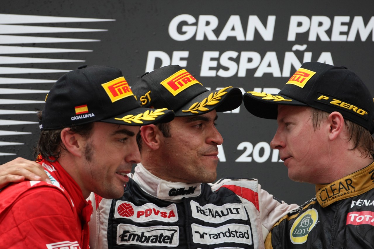 13.05.2012- Race, Pastor Maldonado (VEN) Williams F1 Team FW34 race winner, 2nd position Fernando Alonso (ESP) Scuderia Ferrari F2012 and 3rd position  Kimi Raikkonen (FIN) Lotus F1 Team E20 