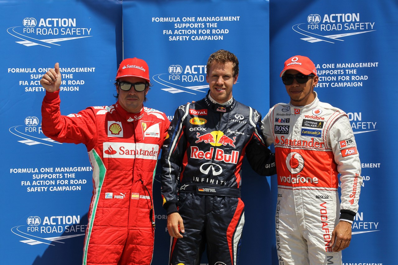 09.06.2012- Qualifying, 3rd position Fernando Alonso (ESP) Scuderia Ferrari F2012, Sebastian Vettel (GER) Red Bull Racing RB8 pole position and 2nd position Lewis Hamilton (GBR) McLaren Mercedes MP4-27 