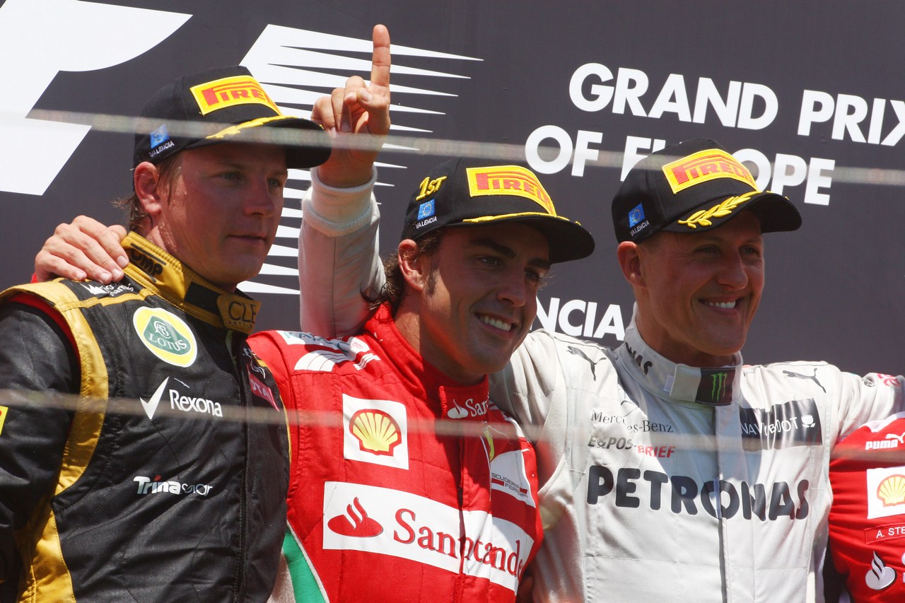 24.06.2012- Race, Fernando Alonso (ESP) Scuderia Ferrari F2012 race winner, 2nd position Kimi Raikkonen (FIN) Lotus F1 Team E20 and 3rd position  Michael Schumacher (GER) Mercedes AMG F1 W03 