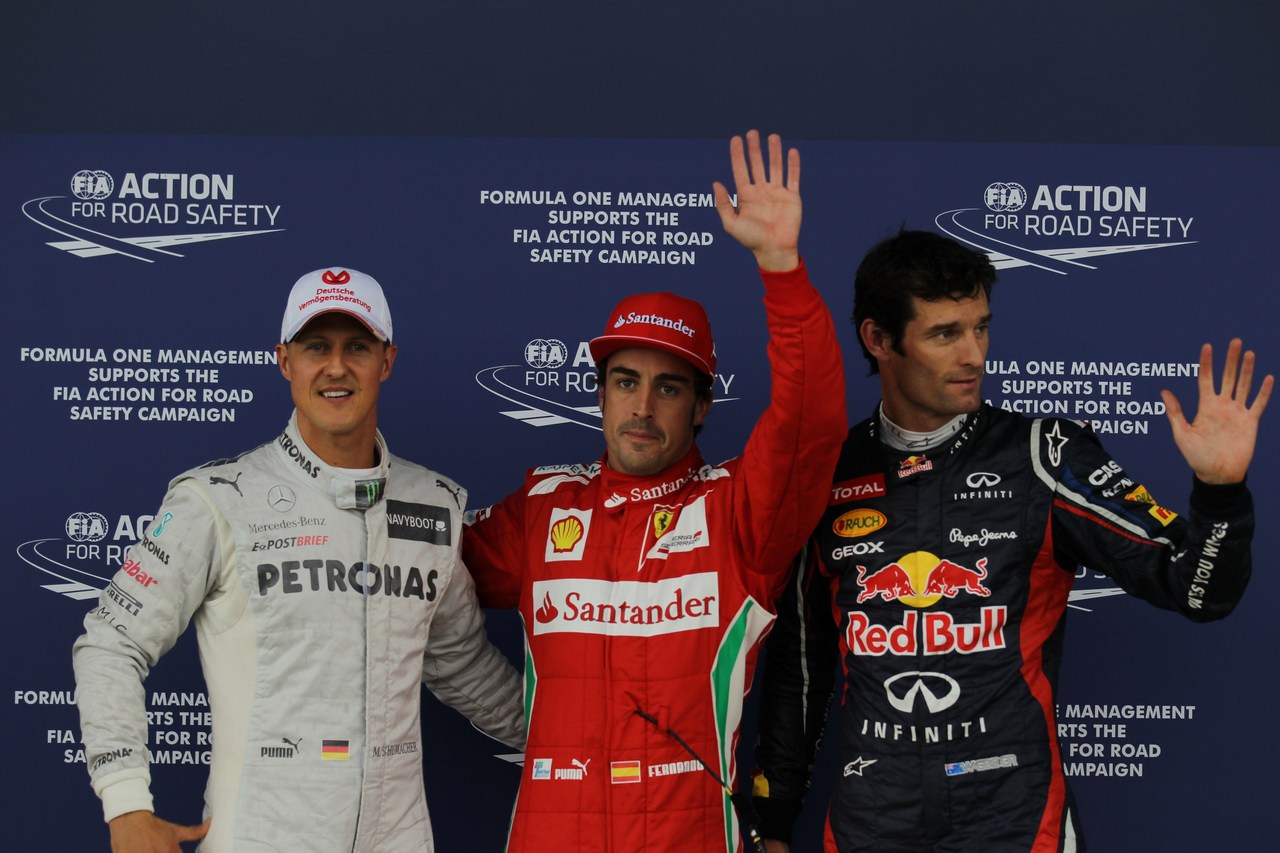 07.07.2012- Qualifying, Fernando Alonso (ESP) Scuderia Ferrari F2012 pole position, 2nd position Mark Webber (AUS) Red Bull Racing RB8 and 3rd position Michael Schumacher (GER) Mercedes AMG F1 W03