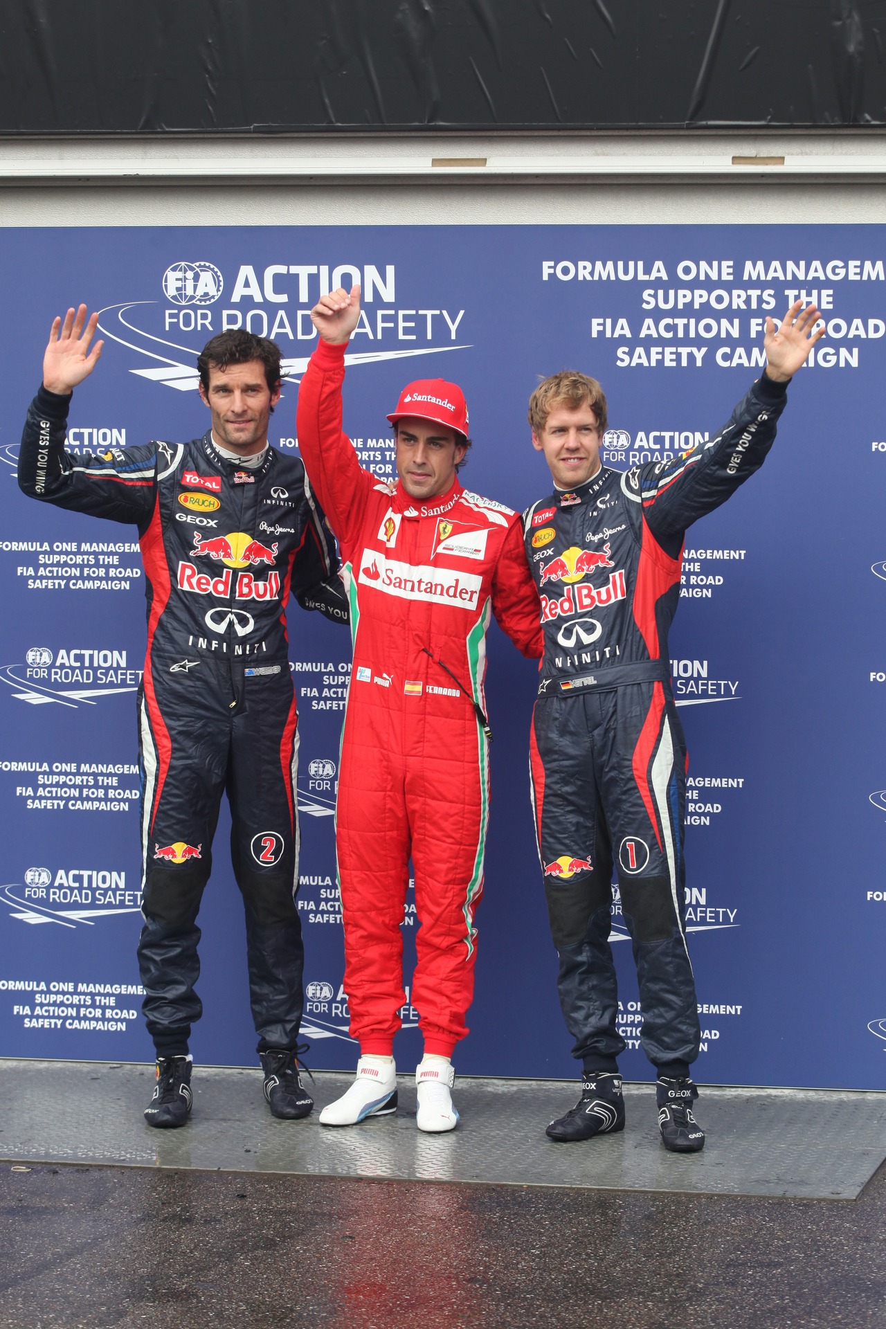 21.07.2012 - Qualifying, celebration fot the pole. 1st Fernando Alonso (ESP) Scuderia Ferrari F2012, 2nd Mark Webber (AUS) Red Bull Racing RB8, 3rd Sebastian Vettel (GER) Red Bull Racing RB8