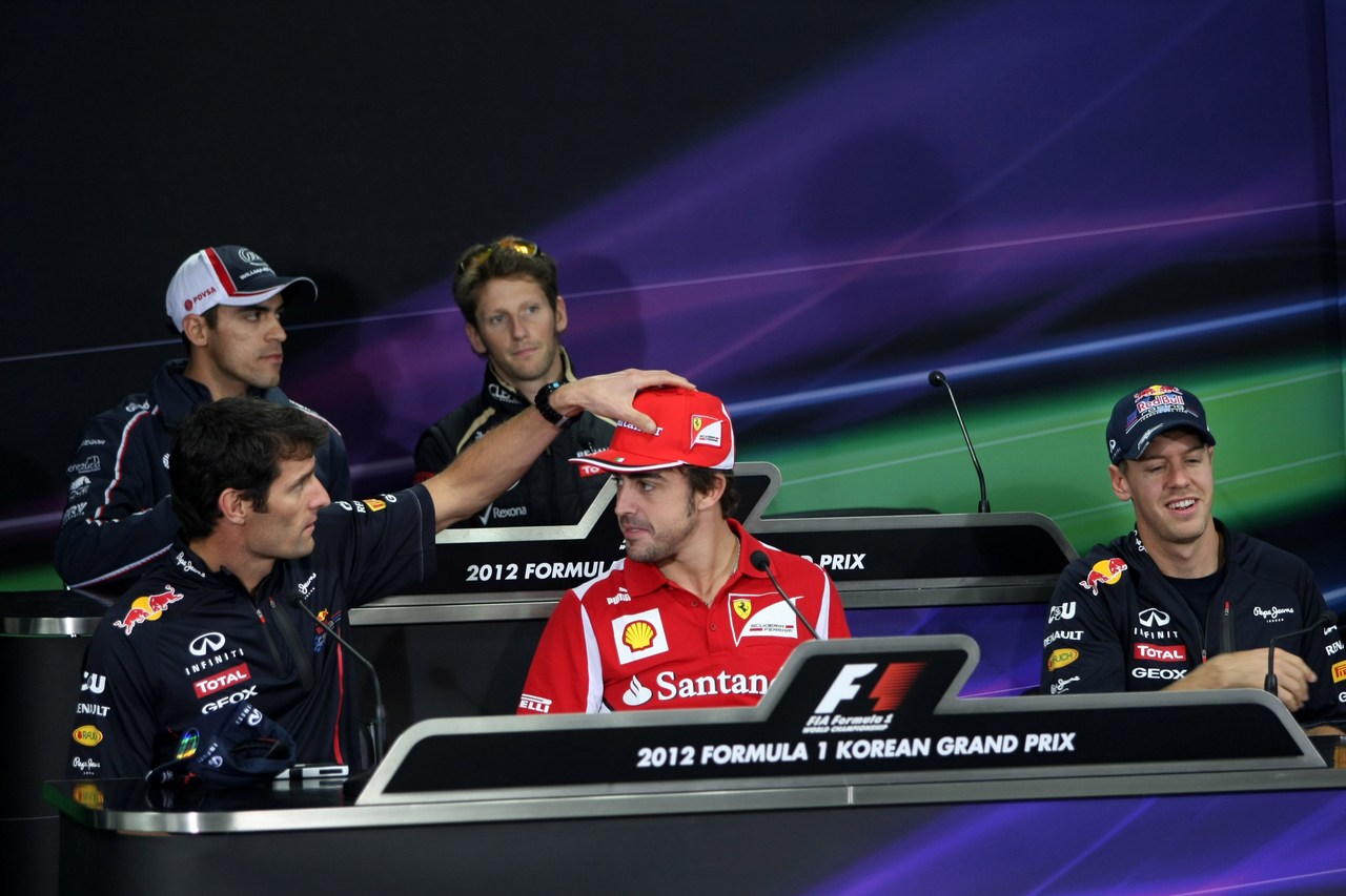11.10.2012- Press conference, (L-R) Pastor Maldonado (VEN) Williams F1 Team FW34, Romain Grosjean (FRA) Lotus F1 Team E20, Nico Rosberg (GER) Mercedes AMG F1 W03, Mark Webber (AUS) Red Bull Racing RB8, Fernando Alonso (ESP) Scuderia Ferrari F2012 and Sebastian Vettel (GER) Red Bull Racing RB8