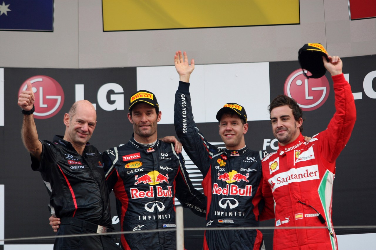 14.10.2012- Race, Adrian Newey (GBR), Red Bull Racing , Technical Operations Director, 2nd position Mark Webber (AUS) Red Bull Racing RB8, Sebastian Vettel (GER) Red Bull Racing RB8 race winner and 3rd position Fernando Alonso (ESP) Scuderia Ferrari F2012 