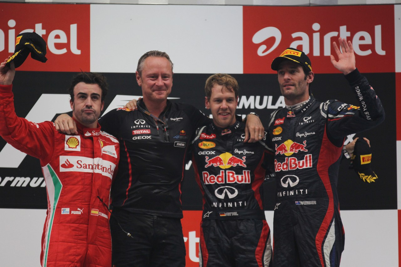 28.10.2012- Race, 2nd position Fernando Alonso (ESP) Scuderia Ferrari F2012, Sebastian Vettel (GER) Red Bull Racing RB8 pole position and 3rd position Mark Webber (AUS) Red Bull Racing RB8