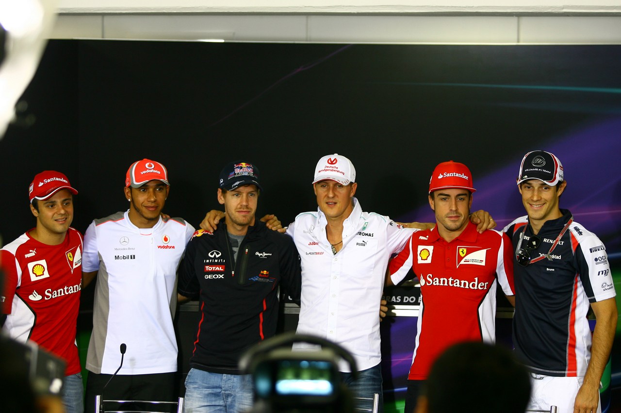 22.11.2012- Press conference, Felipe Massa (BRA) Scuderia Ferrari F2012, Lewis Hamilton (GBR) McLaren Mercedes MP4-27, Sebastian Vettel (GER) Red Bull Racing RB8, Michael Schumacher (GER) Mercedes AMG F1 W03, Fernando Alonso (ESP) Scuderia Ferrari F2012 and Bruno Senna (BRA) Williams F1 Team FW34