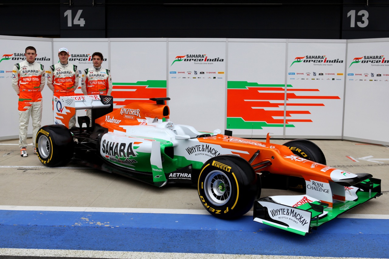 Jules Bianchi (FRA) with Nico Hulkenberg (GER) and Paul di Resta (GBR) -  Sahara Force India Formula One Team - VJM05 Launch - Silverstone, UK, 03.02.2012 -  Sahara Force India Formula One Team Copyright Free Image