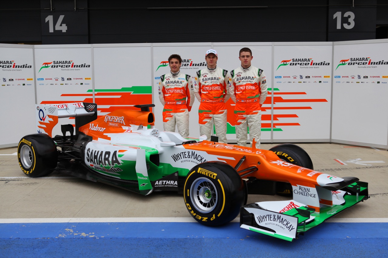 Jules Bianchi (FRA) with Nico Hulkenberg (GER) and Paul di Resta (GBR) -  Sahara Force India Formula One Team - VJM05 Launch - Silverstone, UK, 03.02.2012 -  Sahara Force India Formula One Team Copyright Free Image