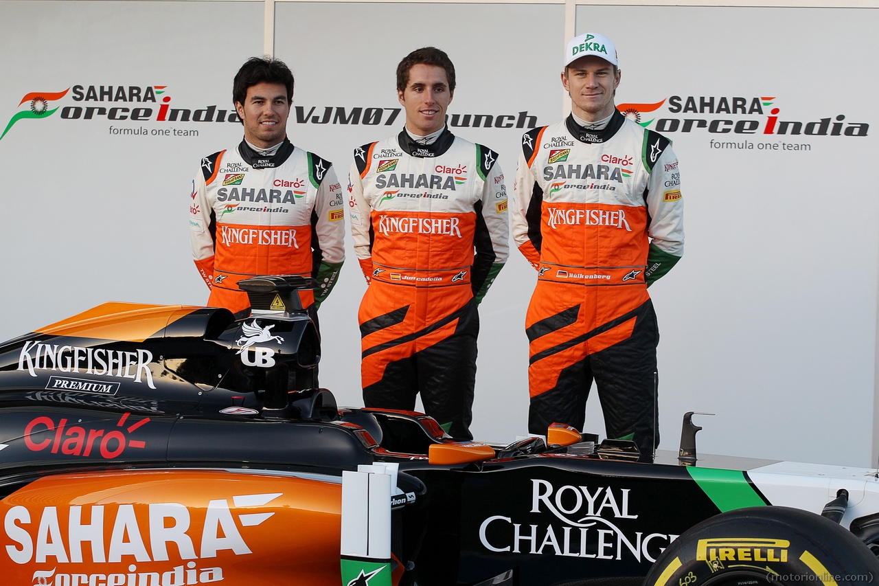 (L to R): Sergio Perez (MEX) Sahara Force India F1; Daniel Juncadella (ESP) Sahara Force India F1 Team Test and Reserve Driver; and Nico Hulkenberg (GER) Sahara Force India F1 at the launch of the new Sahara Force India F1 VJM07. 
28.01.2014. Formula One Testing, Day One, Jerez, Spain.