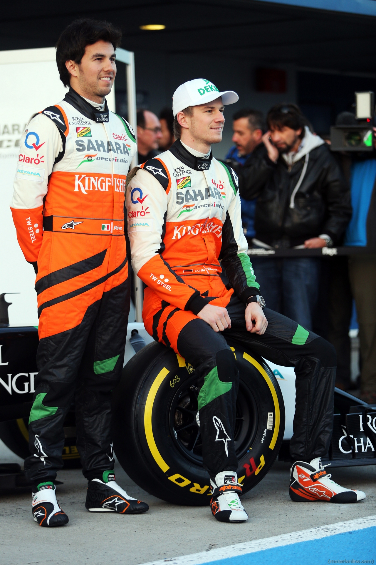 (L to R): Sergio Perez (MEX) Sahara Force India F1 with team mate Nico Hulkenberg (GER) Sahara Force India F1 at the launch of the Sahara Force India F1 VJM07.
28.01.2014. Formula One Testing, Day One, Jerez, Spain.