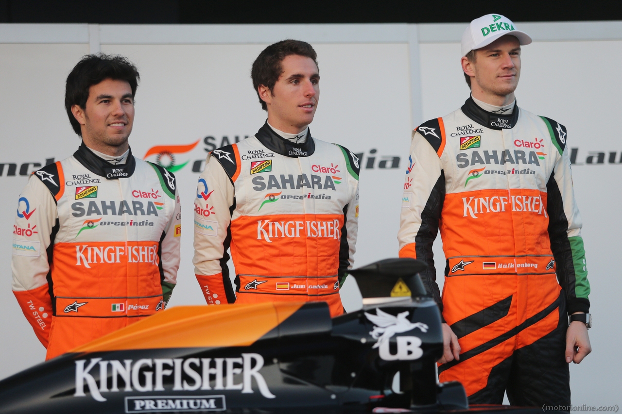 (L to R): Sergio Perez (MEX) Sahara Force India F1 with Daniel Juncadella (ESP) Sahara Force India F1 Team Test and Reserve Driver; and Nico Hulkenberg (GER) Sahara Force India F1 at the launch of the Sahara Force India F1 VJM07.
28.01.2014. Formula One Testing, Day One, Jerez, Spain.