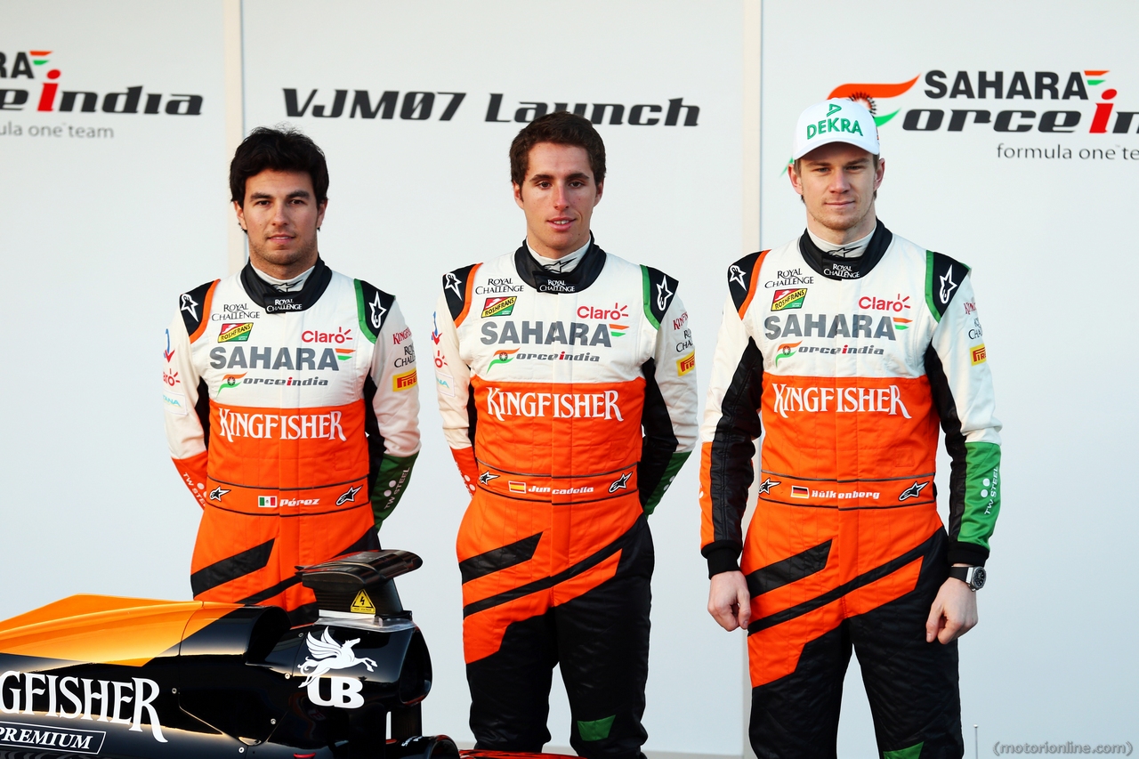 (L to R): Sergio Perez (MEX) Sahara Force India F1 with Daniel Juncadella (ESP) Sahara Force India F1 Team Test and Reserve Driver and Nico Hulkenberg (GER) Sahara Force India F1 at the launch of the Sahara Force India F1 VJM07.
28.01.2014. Formula One Testing, Day One, Jerez, Spain.