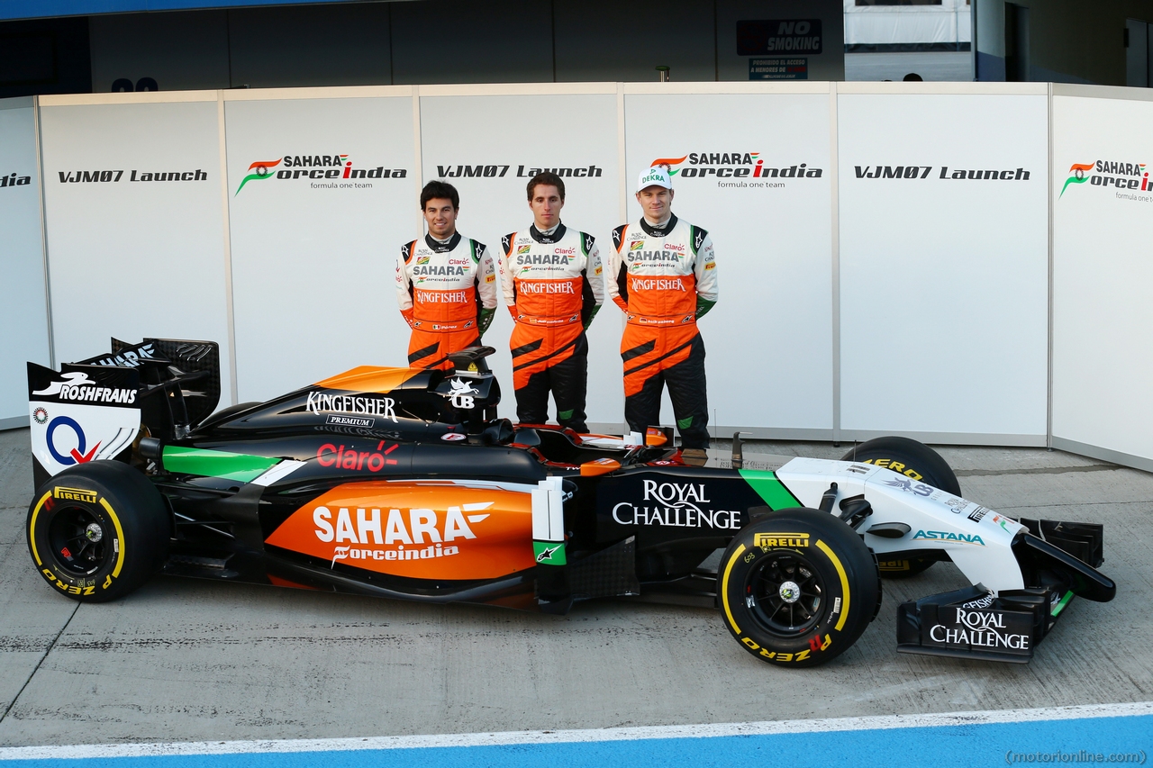 (L to R): Sergio Perez (MEX) Sahara Force India F1 with Daniel Juncadella (ESP) Sahara Force India F1 Team Test and Reserve Driver and Nico Hulkenberg (GER) Sahara Force India F1 at the launch of the Sahara Force India F1 VJM07.
28.01.2014. Formula One Testing, Day One, Jerez, Spain.