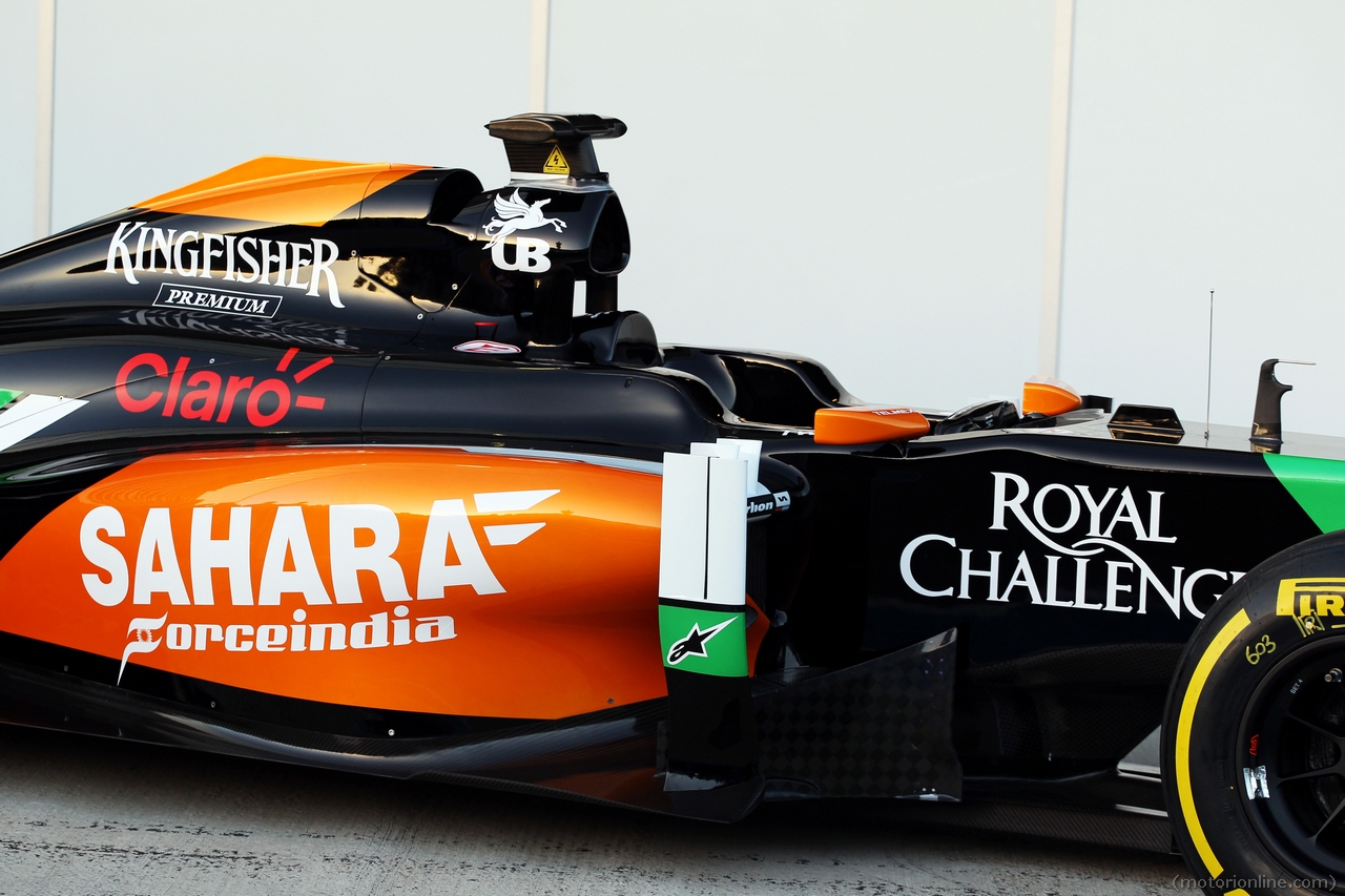 Sahara Force India F1 VJM07 launch - sidepod detail.
28.01.2014. Formula One Testing, Day One, Jerez, Spain.