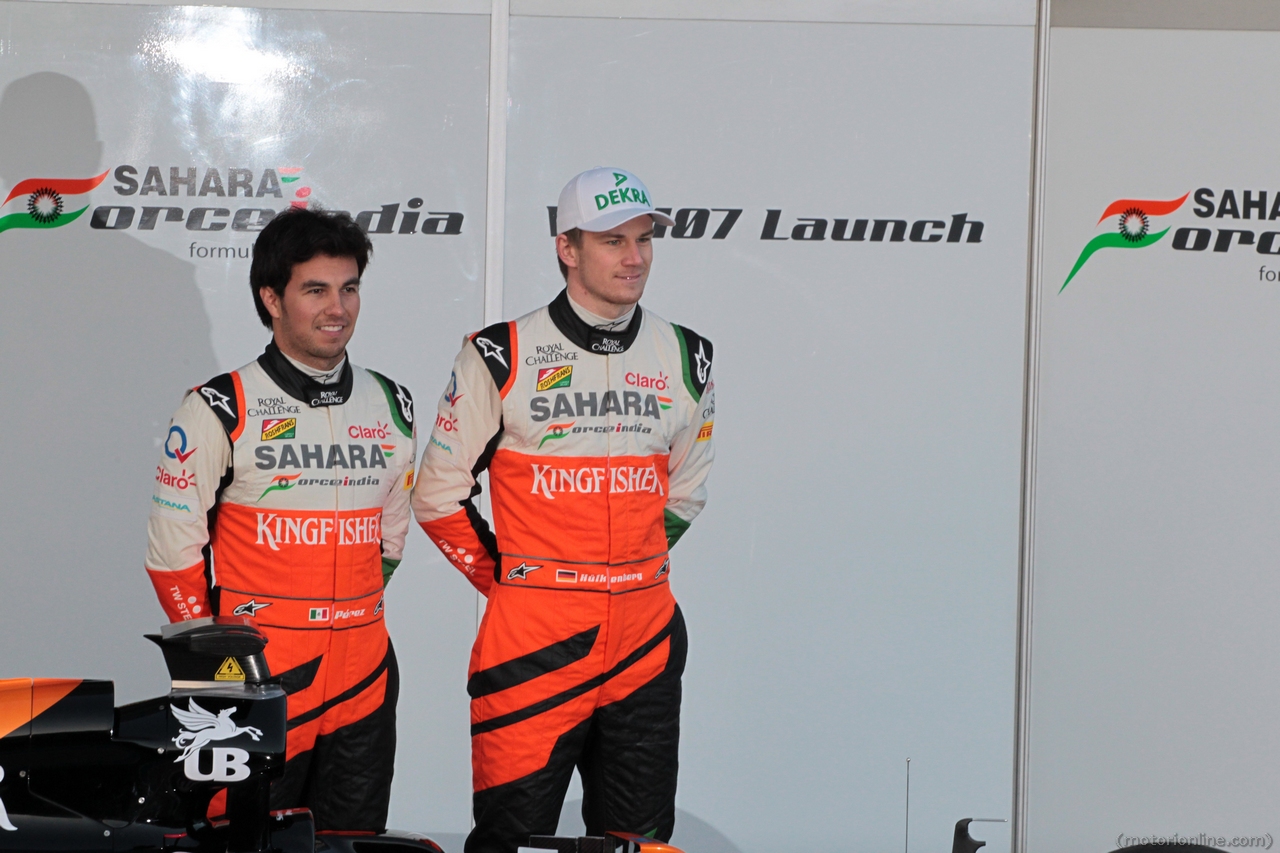 Sergio Perez (MEX) Sahara Force India F1 and team mate Nico Hulkenberg (GER) Sahara Force India F1 at the launch of the new Sahara Force India F1 VJM07