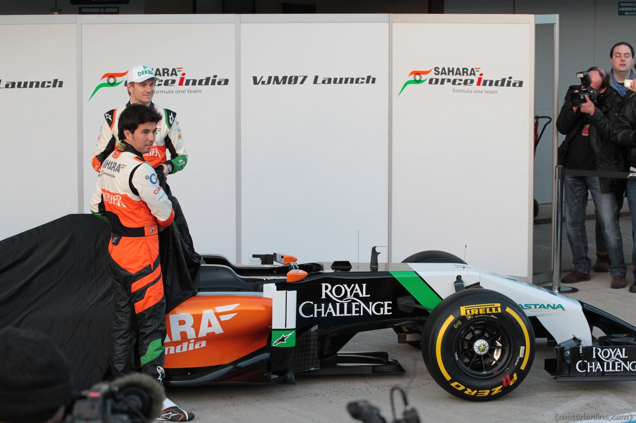 Sergio Perez (MEX) Sahara Force India F1; and team mate Nico Hulkenberg (GER) Sahara Force India F1 at the launch of the new Sahara Force India F1 VJM07