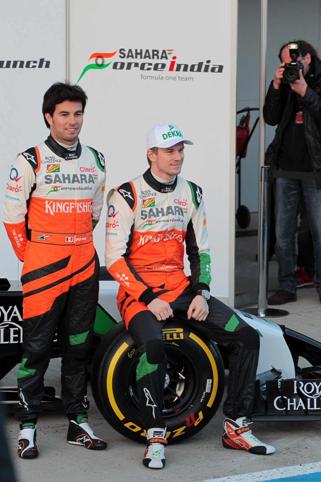 Sergio Perez (MEX) Sahara Force India F1; Daniel Juncadella (ESP) Sahara Force India F1 Team Test and Reserve Driver and team mate Nico Hulkenberg (GER) Sahara Force India F1 at the launch of the new Sahara Force India F1 VJM07