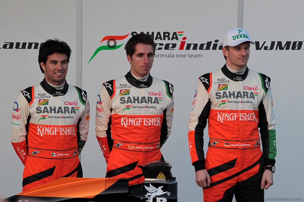 Sergio Perez (MEX) Sahara Force India F1; Daniel Juncadella (ESP) Sahara Force India F1 Team Test and Reserve Driver and team mate Nico Hulkenberg (GER) Sahara Force India F1 at the launch of the new Sahara Force India F1 VJM07