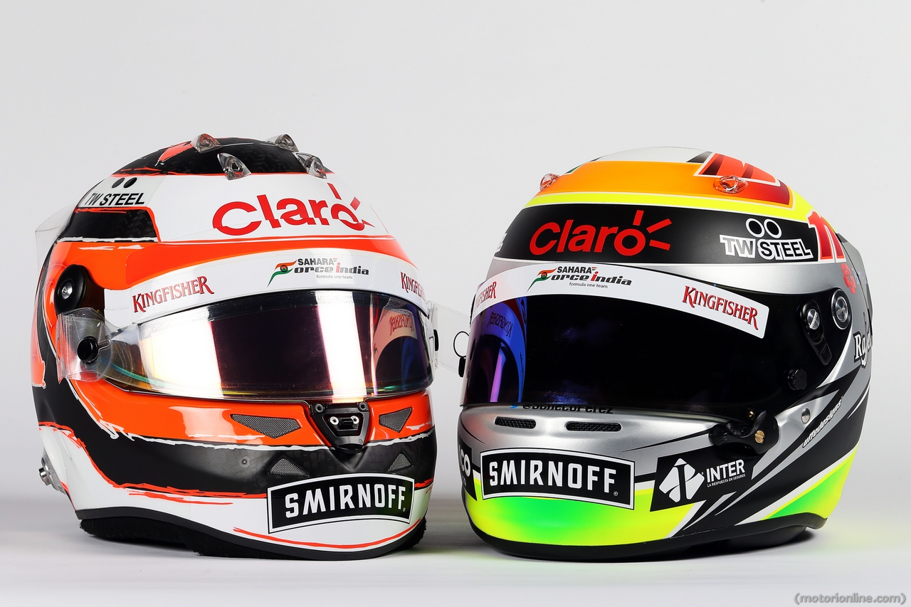 (L to R): The helmets of Nico Hulkenberg (GER) Sahara Force India F1 and Sergio Perez (MEX) Sahara Force India F1.
21.01.2015.  Force India F1 Team Livery Reveal, Soumaya Museum, Mexico City, Mexico.