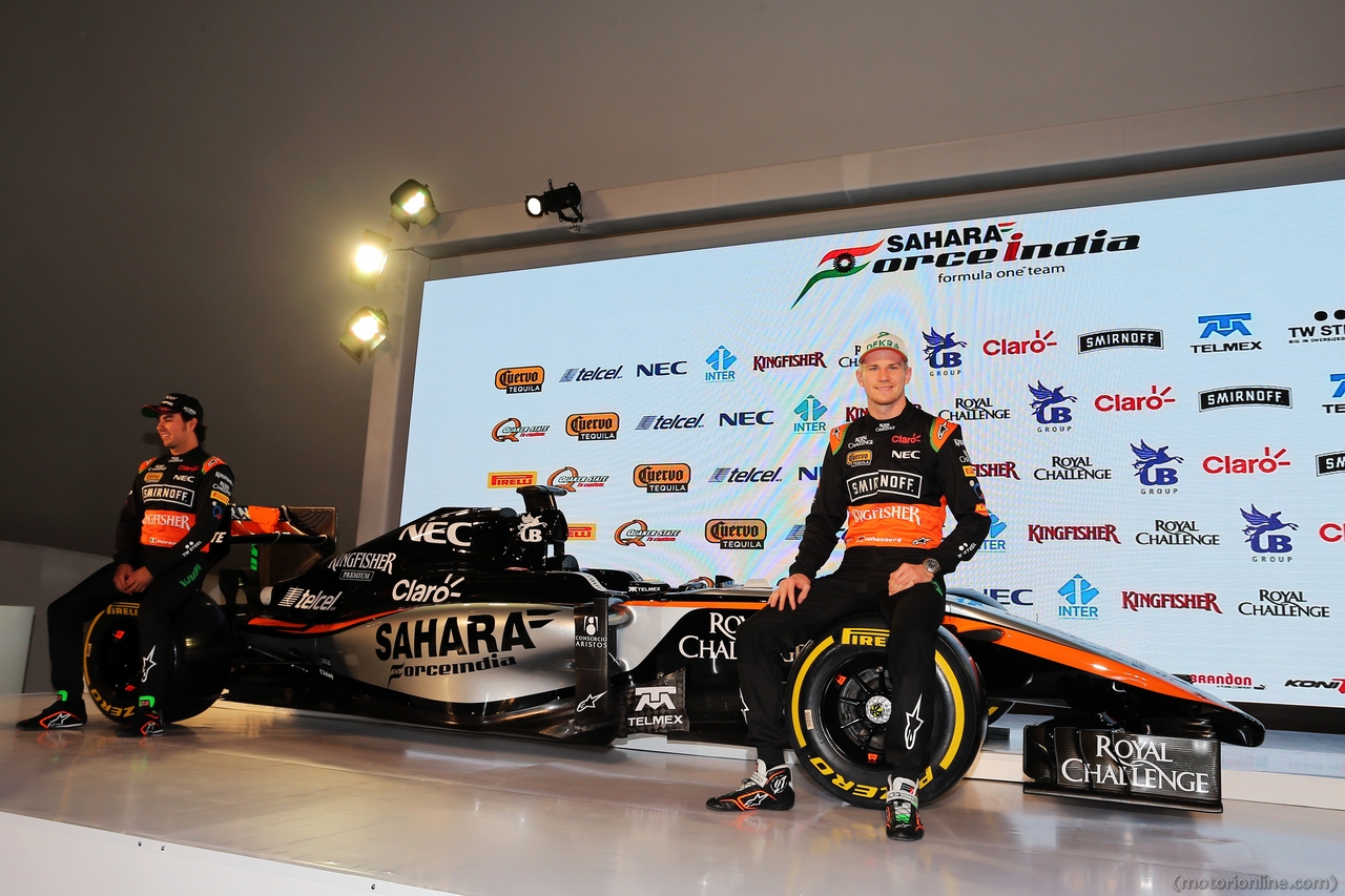 (L to R): Sergio Perez (MEX) Sahara Force India F1 with team mate Nico Hulkenberg (GER) Sahara Force India F1.
21.01.2015.