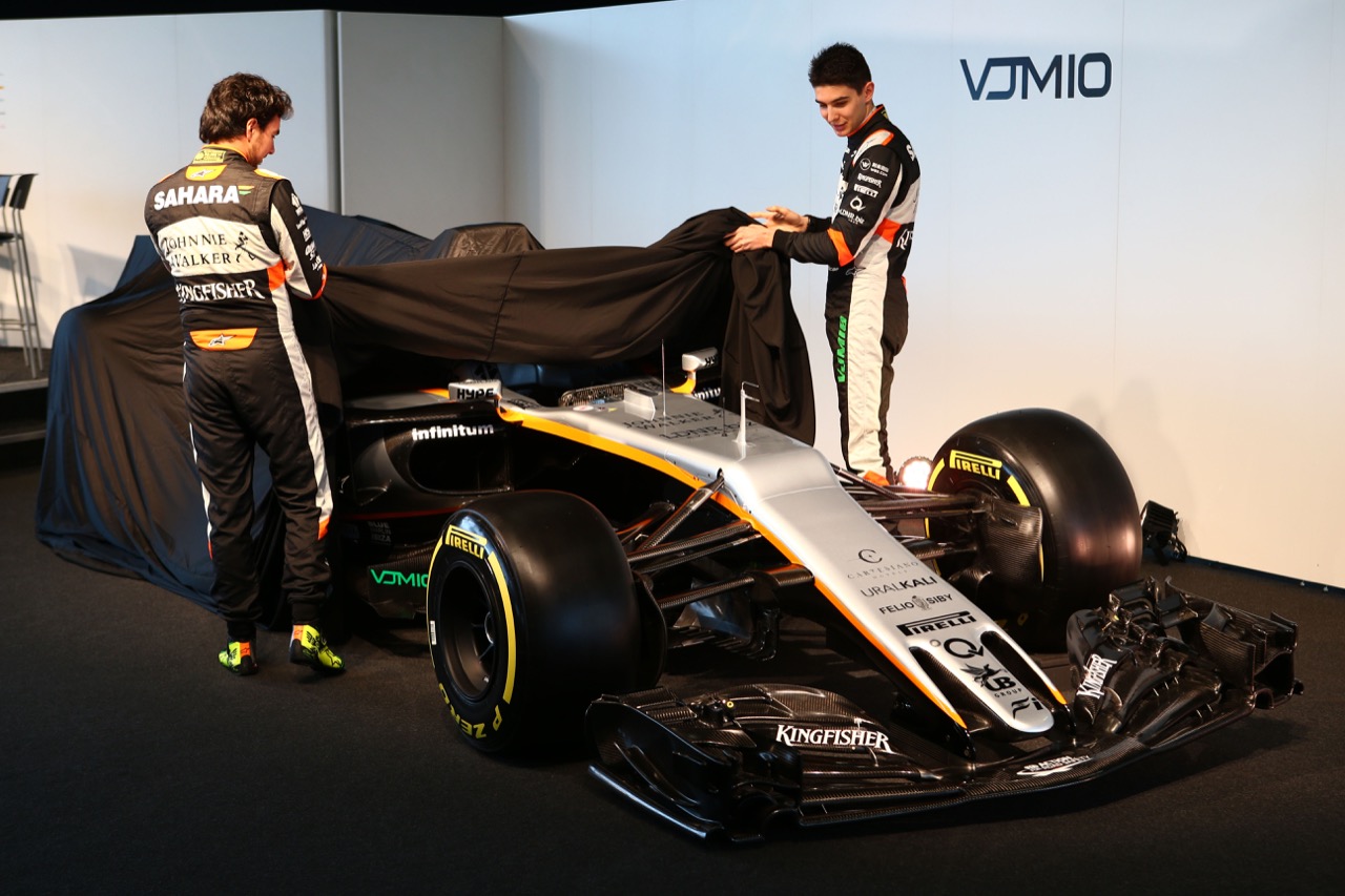 (L to R): Sergio Perez (MEX) Sahara Force India F1 and team mate Esteban Ocon (FRA) Sahara Force India F1 Team unveil the Sahara Force India F1 VJM10.
22.02.2017. Sahara Force India F1 VJM10 Launch, Silverstone, England.
- www.xpbimages.com, EMail: requests@xpbimages.com - copy of publication required for printed pictures. Every used picture is fee-liable. © Copyright: Batchelor / XPB Images