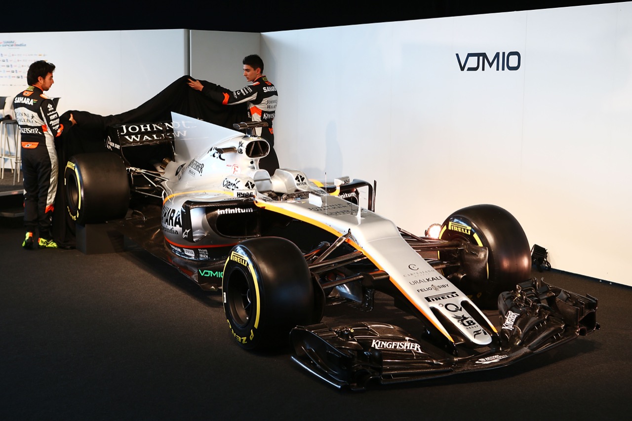 (L to R): Sergio Perez (MEX) Sahara Force India F1 and team mate Esteban Ocon (FRA) Sahara Force India F1 Team unveil the Sahara Force India F1 VJM10.
22.02.2017. Sahara Force India F1 VJM10 Launch, Silverstone, England.
- www.xpbimages.com, EMail: requests@xpbimages.com - copy of publication required for printed pictures. Every used picture is fee-liable. © Copyright: Batchelor / XPB Images