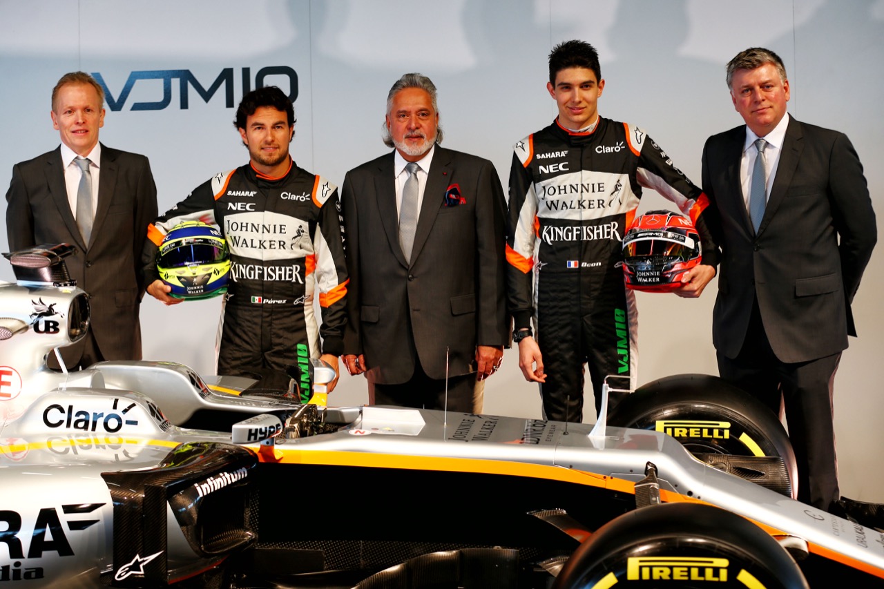 (L to R): Andrew Green (GBR) Sahara Force India F1 Team Technical Director; Sergio Perez (MEX) Sahara Force India F1; Dr. Vijay Mallya (IND) Sahara Force India F1 Team Owner; Esteban Ocon (FRA) Sahara Force India F1 Team; Robert Fernley (GBR) Sahara Force India F1 Team Deputy Team Principal, and the Sahara Force India F1 VJM10.
22.02.2017.