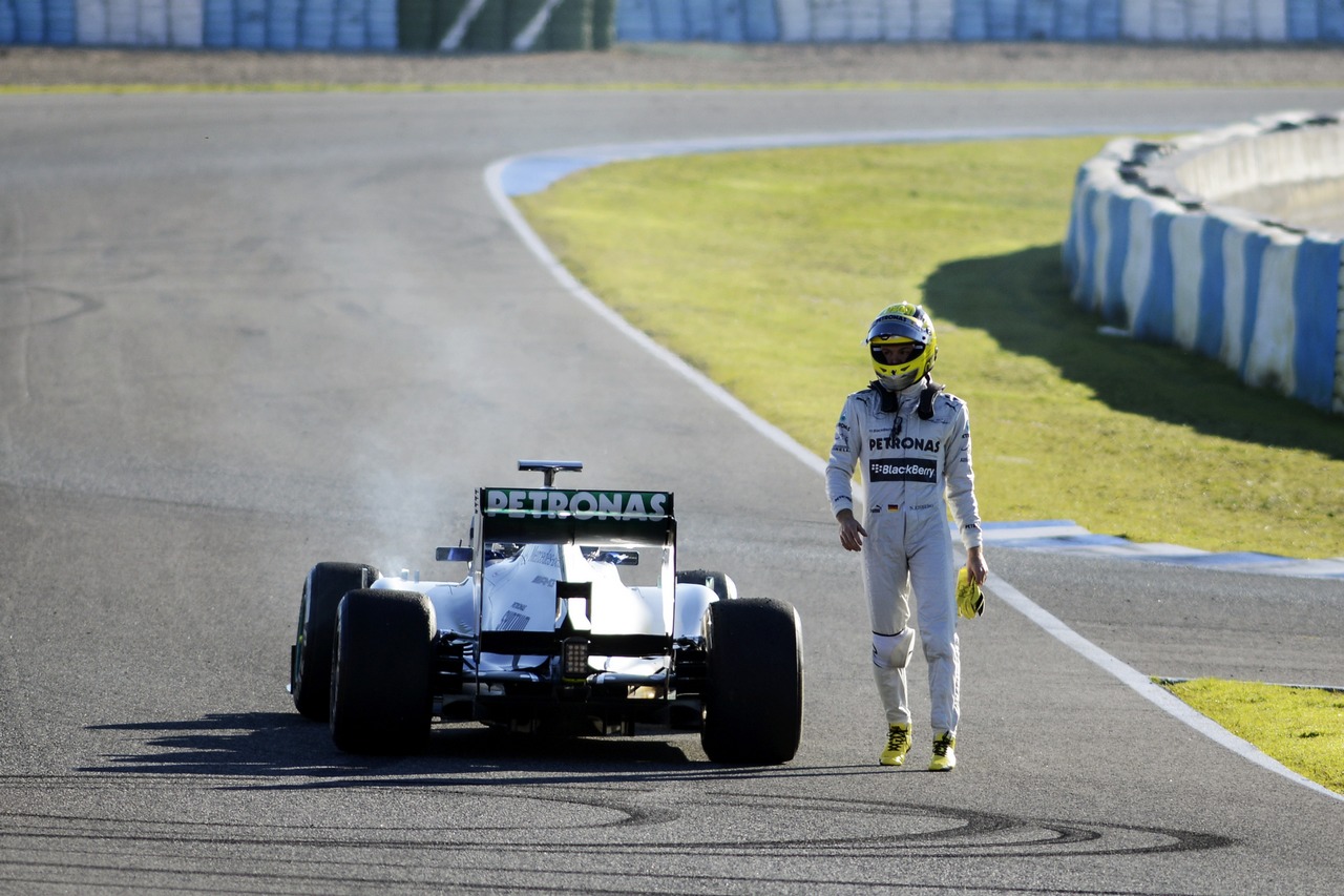 Nico Rosberg (GER) Mercedes AMG F1 W04 stops on the circuit with a small fire.
