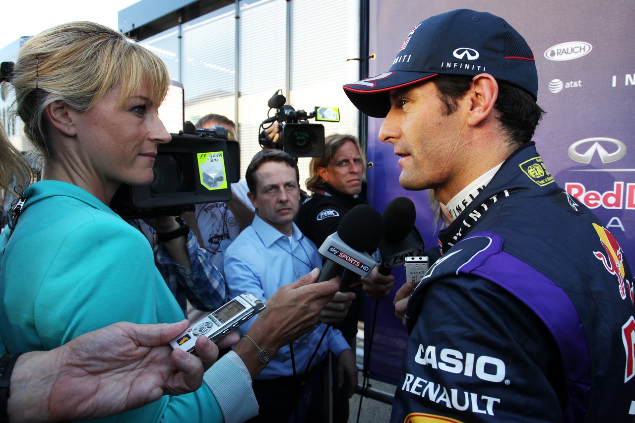 Mark Webber (AUS) Red Bull Racing with the media.

