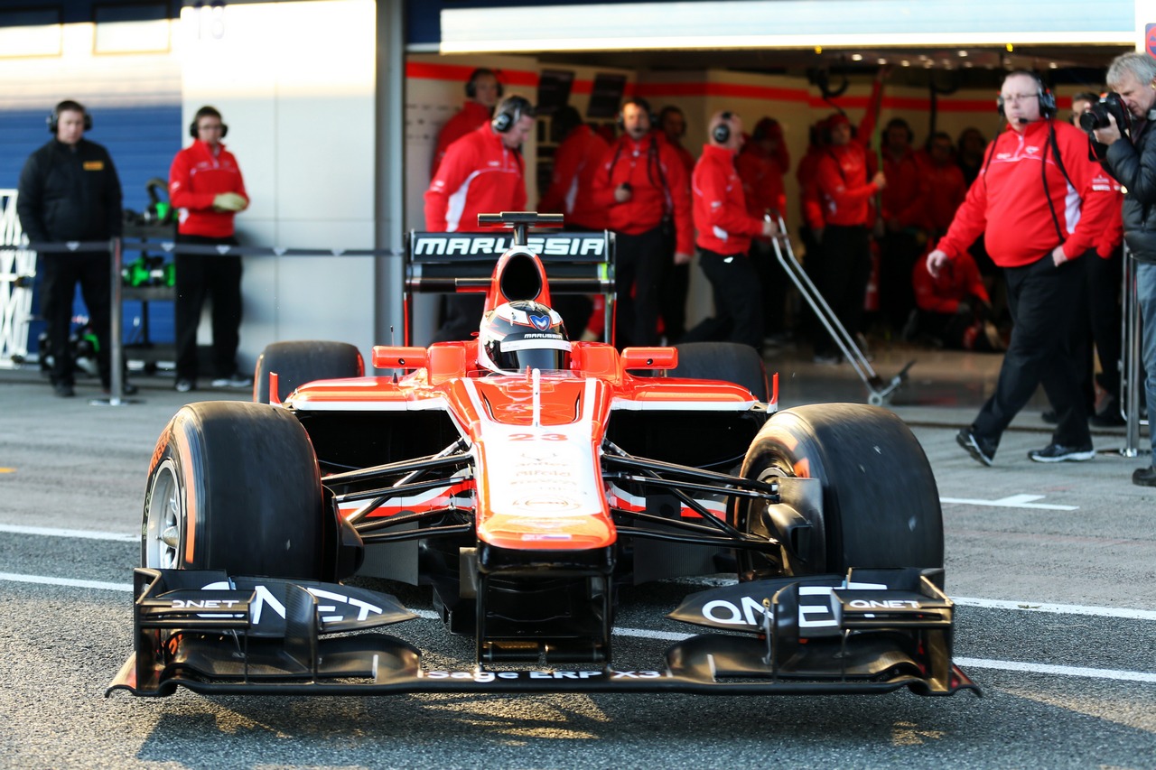 Max Chilton (GBR) Marussia F1 Team MR02 leaves the pits.
