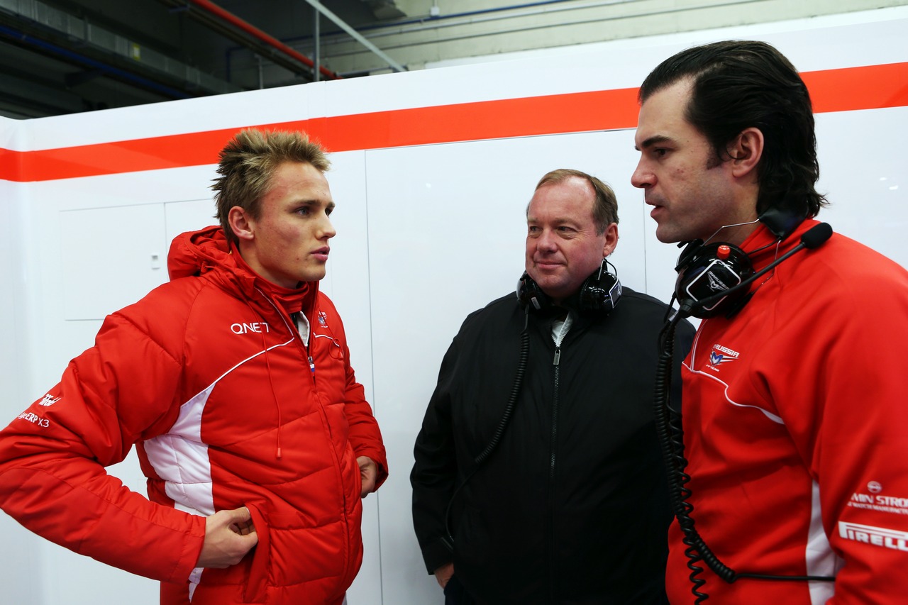 (L to R): Max Chilton (GBR) Marussia F1 Team MR02 with father Grahame Chilton (GBR) and Marc Hynes (GBR) Marussia F1 Team Driver Coach.
